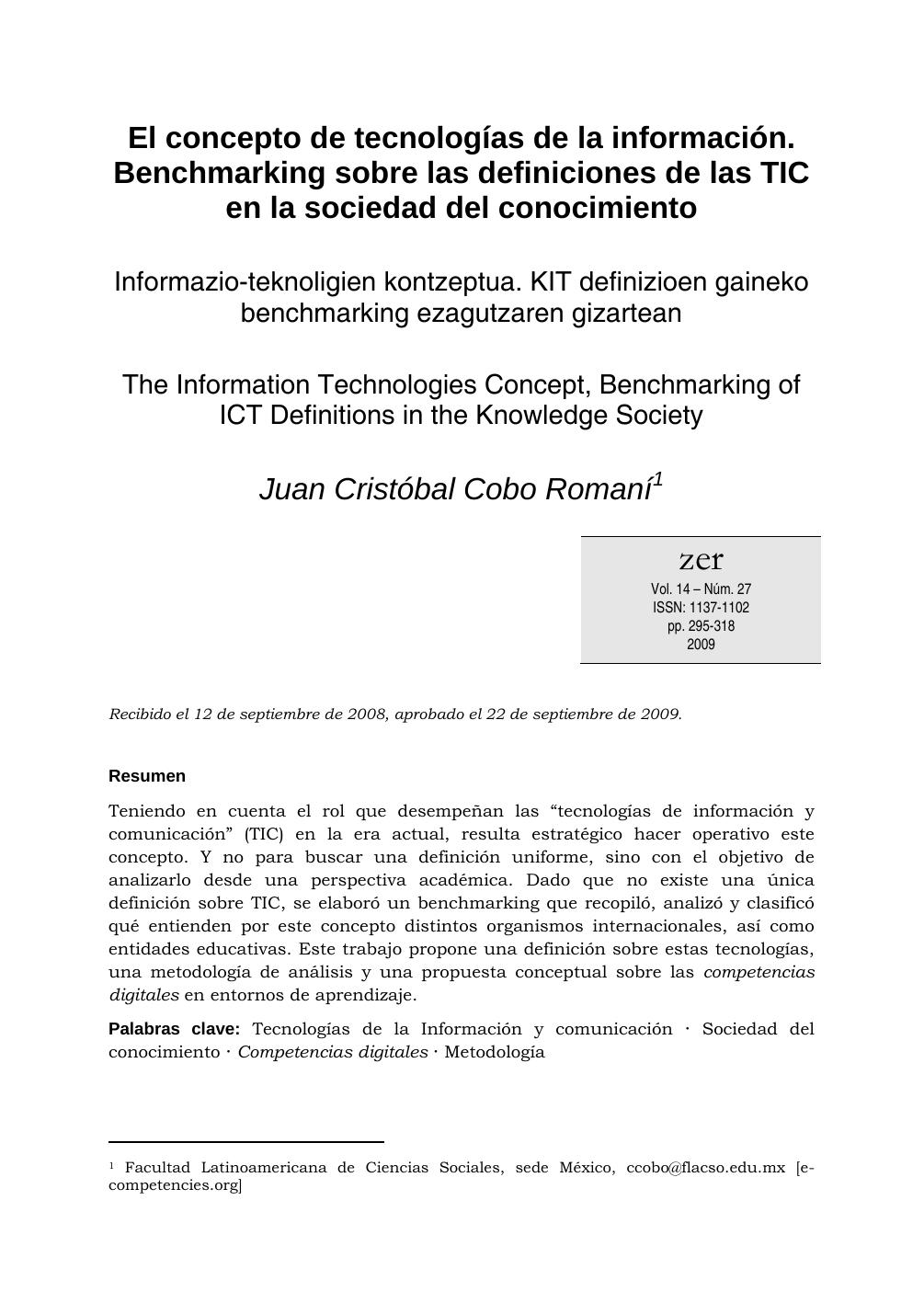 El concepto de tecnologias de la informacion. Benchmarking sobre las definiciones de las TIC en la sociedad del conocimiento